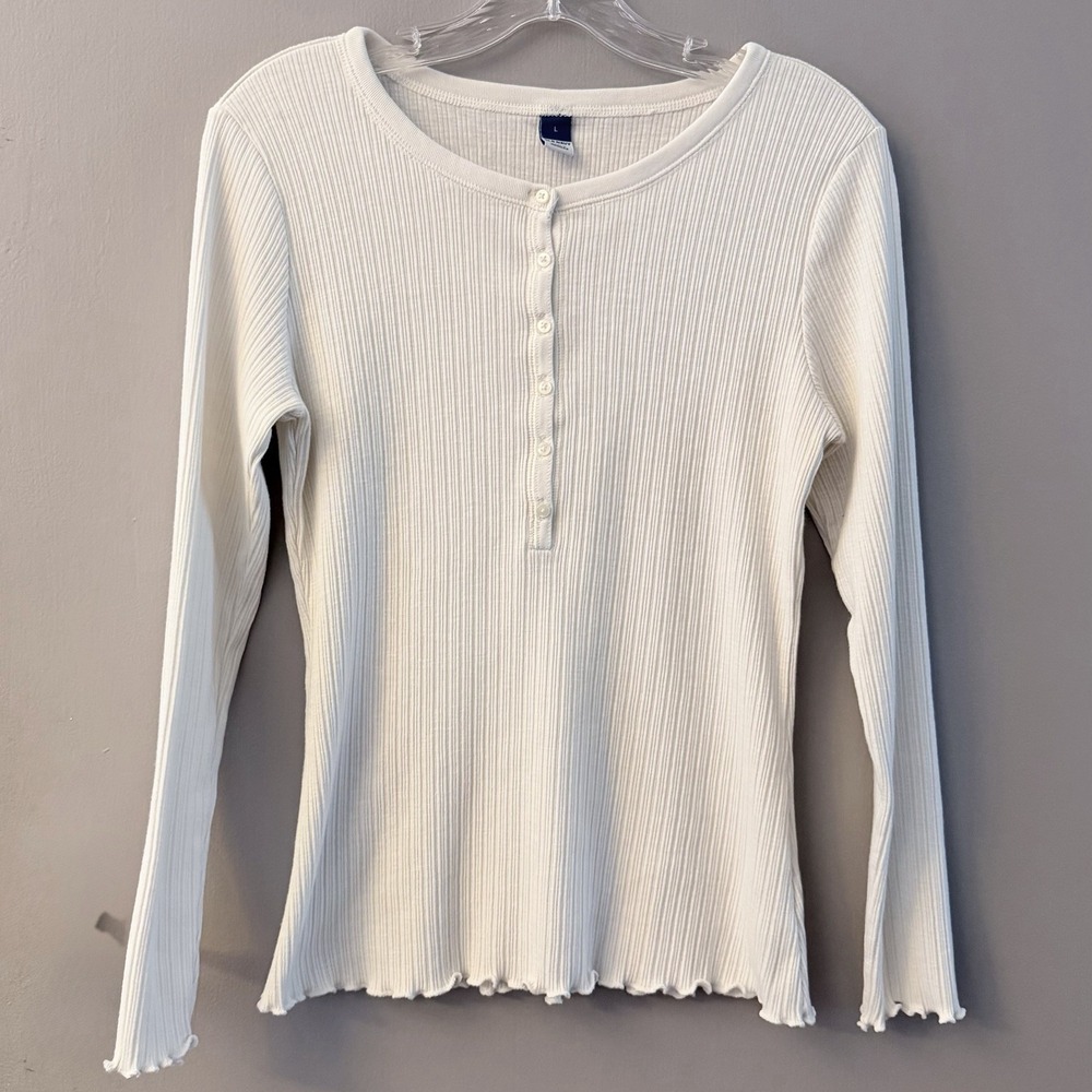 Old Navy Rib Knit Henley Large Ivory Preppy Casual Academia